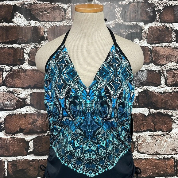 Aqua Green Swimsuit Womens X Large XL Blue Black NWT Geometric Halter One-Piece - Picture 7 of 17
